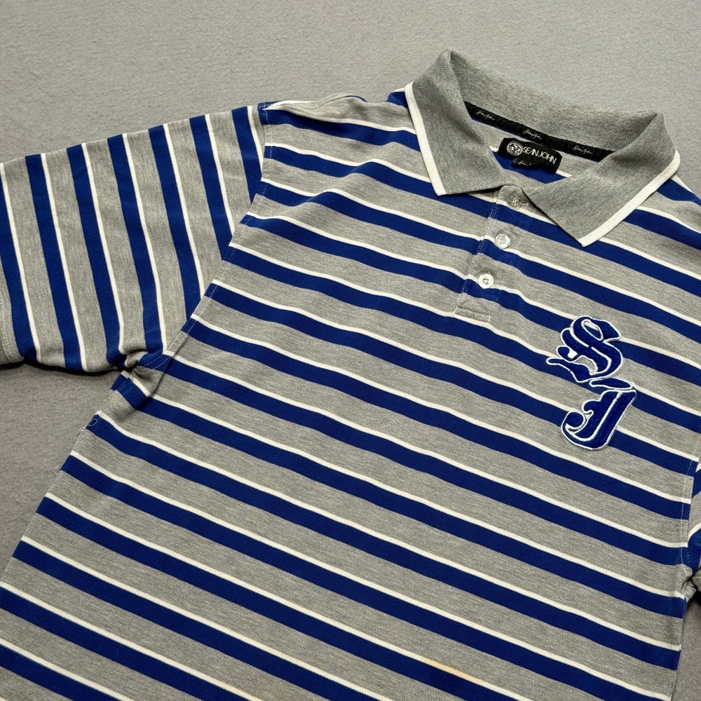 Vintage Sean John Polo Shirt Men's XL Blue Gray Striped Pique Classic Fit Cotton